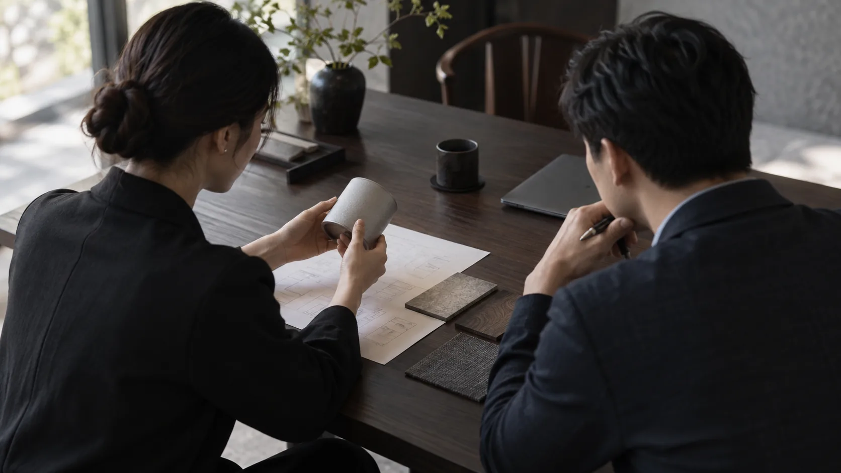 两位工作人员审看业务资料与材料的场景示意
