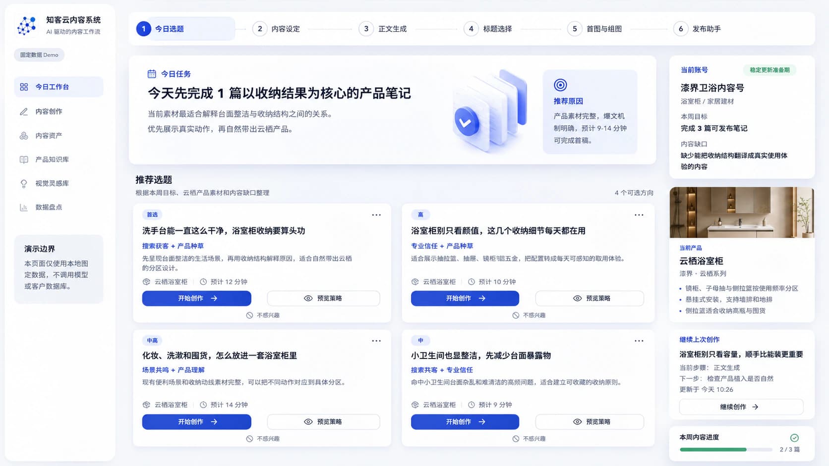知客云内容工作流系统演示界面，画面包含固定数据 Demo 和演示边界
