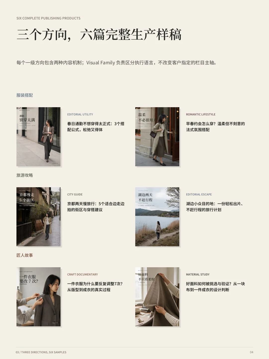 THE TIME MORR 服装内容与视觉提案第 08 页:六篇样稿:三个方向的完整内容结构
