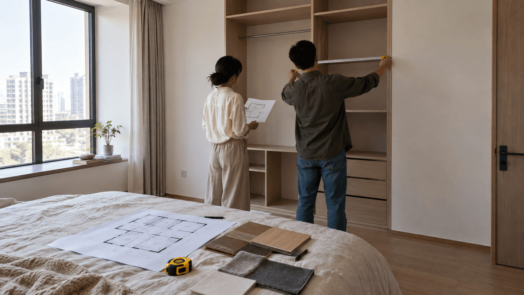 住宅卧室中测量定制衣柜尺寸并查看户型图的行业行业场景图