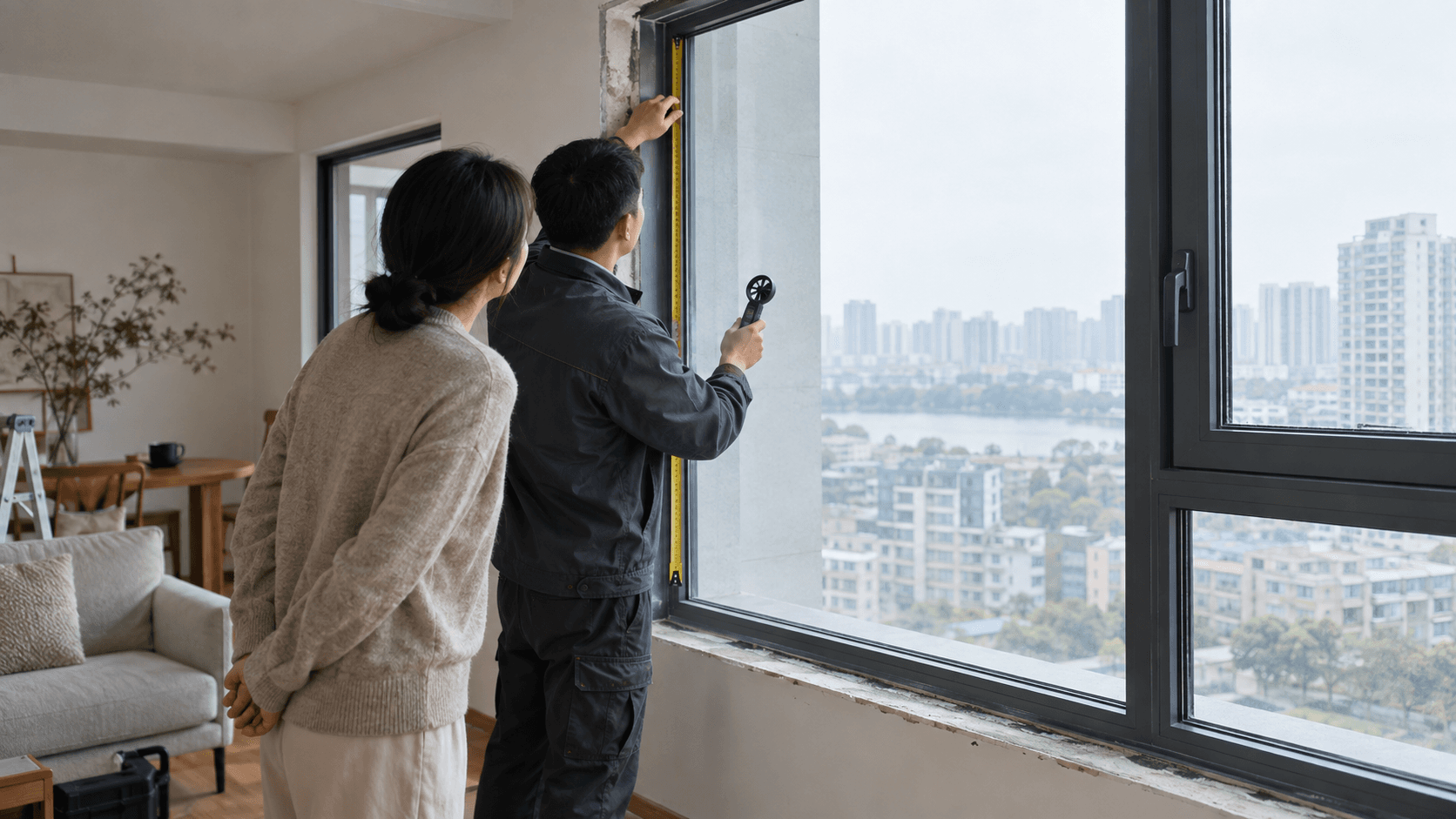 技术人员在住宅窗边测量旧窗洞口与窗框条件的行业行业场景图