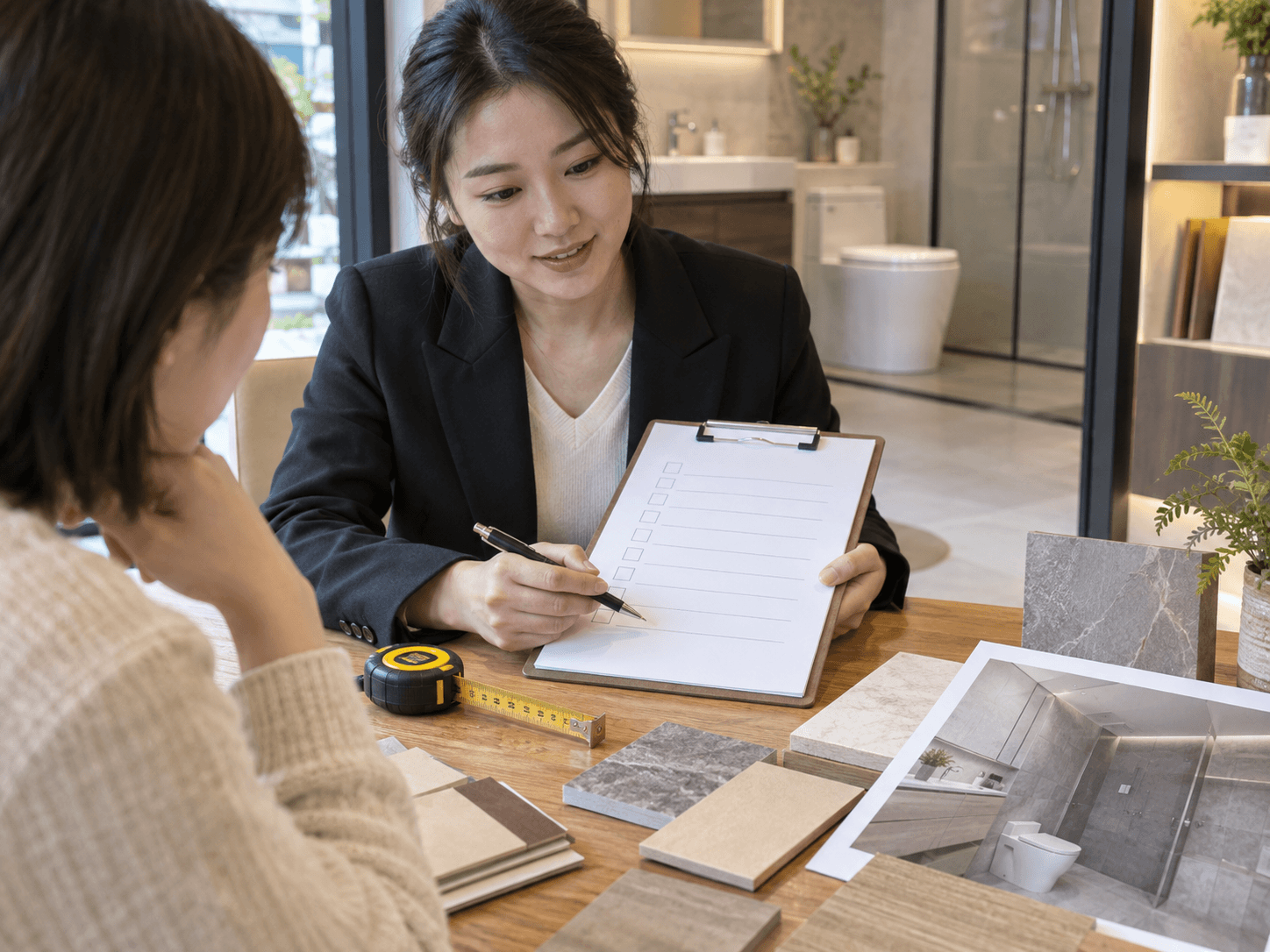 门店顾问以尺寸与材料样本组织咨询信息的行业场景图