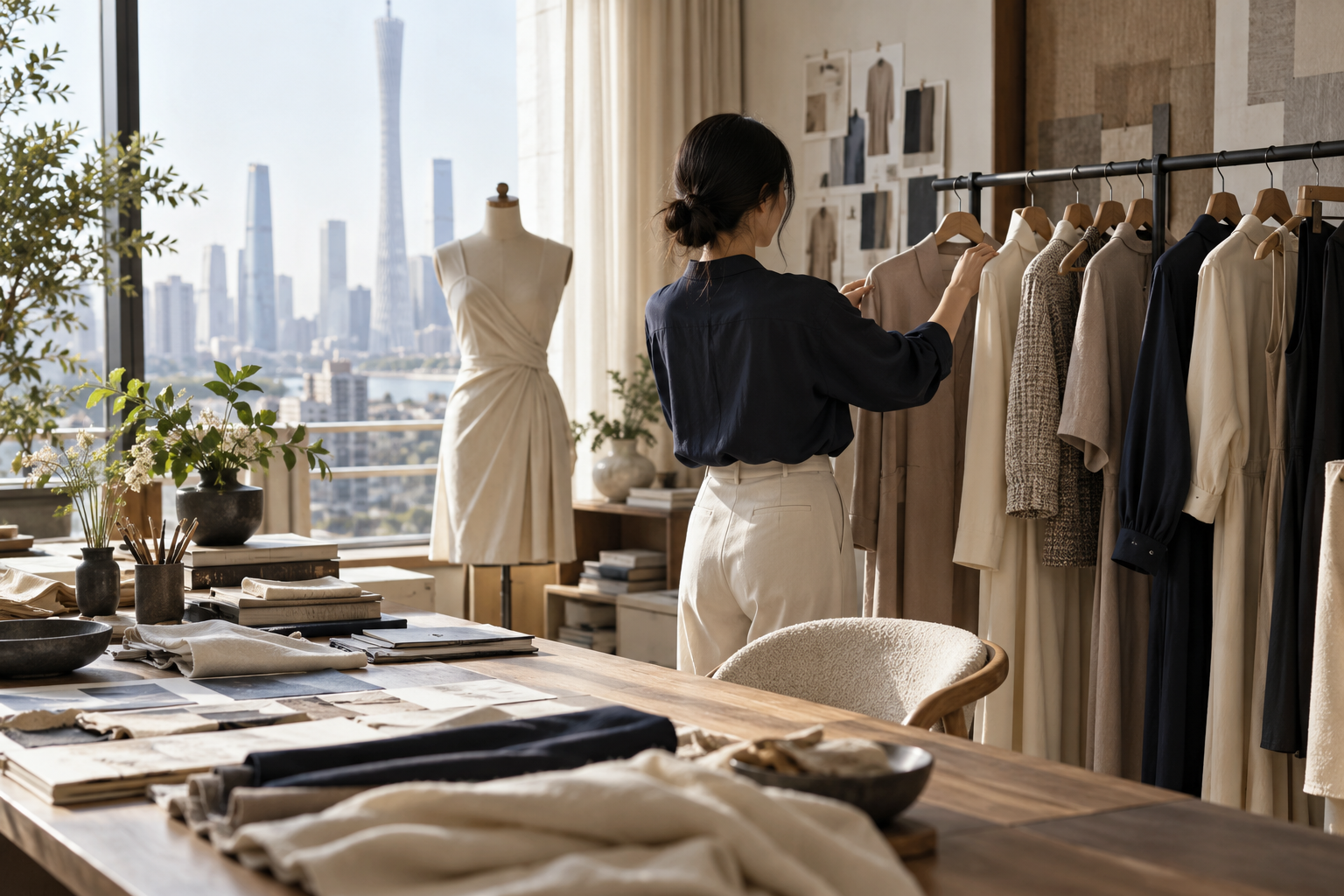 独立女装工作室整理服装系列的摄影风格创意样片，并非真实品牌现场